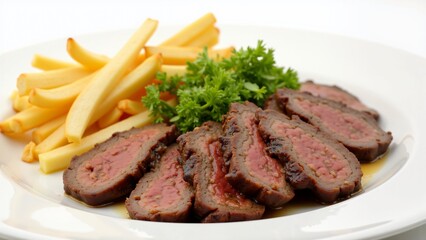 Delicious Sliced Steak with French Fries and Parsley Garnish