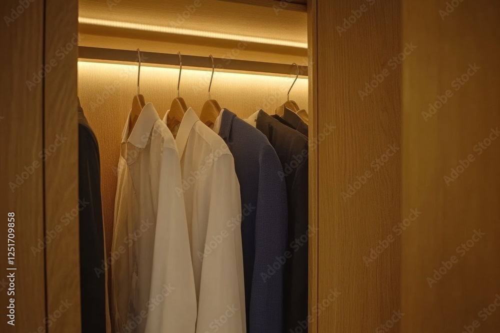 Poster modern wardrobe with open design showcasing neatly hung clothes against soft beige background featur