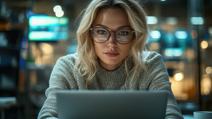 Tech-savvy woman with sleek glasses focused on laptop in a modern office with futuristic lighting and a digital entrepreneur aesthetic