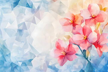 gentle pink flowers blend into an abstract geometric background with soft blue and white tones, forming a stylish and sophisticated digital composition