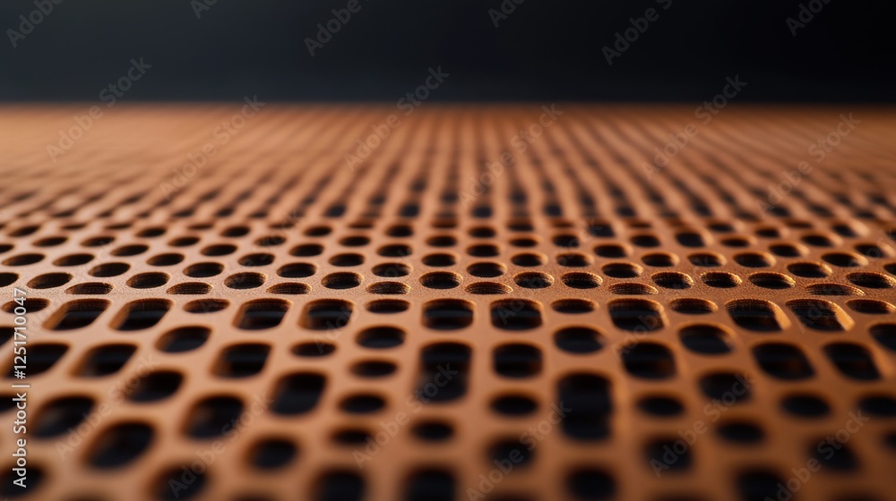 Poster close-up view of textured surface with circular holes in copper material for design and industrial u