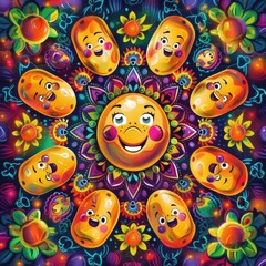 Obraz premium Colorful Mandala with Cartoon Faces and Sun Motif
