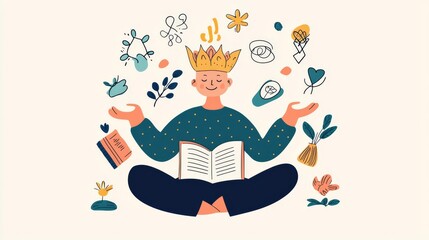 A serene figure reading while surrounded by symbols of creativity and tranquility.