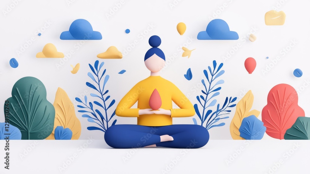 Wall mural Colorful illustration of a person meditating in a serene environment.