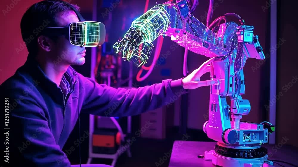 Aufkleber engineer wearing a vr headset is skillfully controlling a robotic arm with his hands in a high tech 