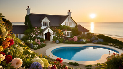 Naklejka premium English Cottage Pool Villa at the Beach