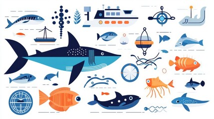 Colorful illustration featuring various fish and marine elements in a vibrant design.