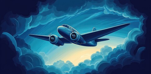 Fototapeta premium A stylized blue airplane soars amidst dark painted clouds