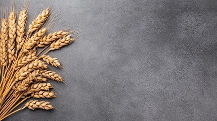 Golden wheat stalks arranged on a textured gray background, leaving space for text.