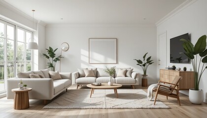 Modern living room interior design, sunlight, plants, mockup