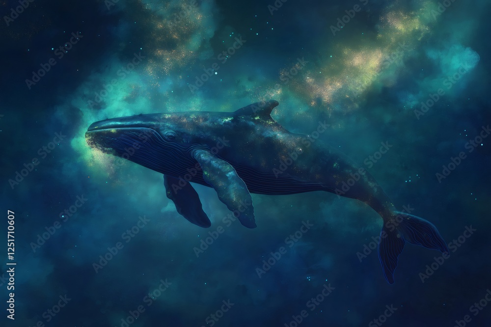 Poster large whale gliding gracefully through a cosmic ocean, creating an enchanting and surreal atmosphere
