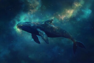 Fototapeta premium Large whale gliding gracefully through a cosmic ocean, creating an enchanting and surreal atmosphere filled with wonder and tranquility