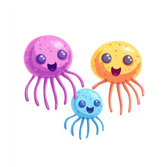 Three playful cartoon-style jellyfish in vibrant colors. These cute creatures have big eyes and smiling faces, making them perfect for a fun and cheerful aquatic theme.