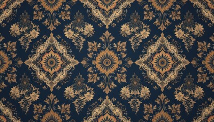 Damask floral pattern textile design, seamless repeat, dark background, fabric print