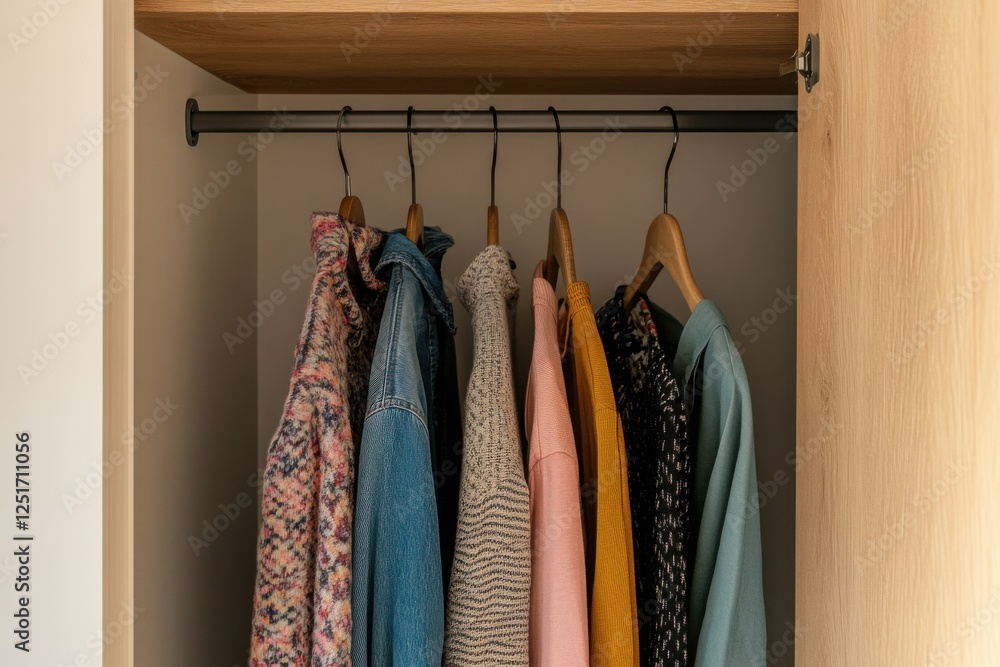 Poster neatly hung clothes inside a wardrobe with open design, showcasing a soft beige background and soft 