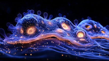 Bioluminescent cilia the surface of a cell demonstrating their coordinated movement for locomotion and fluid transport