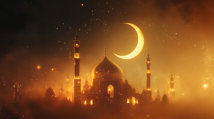Golden Mosque Silhouette Under Crescent Moon Night Sky