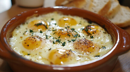 Eggs en cocotte, a dish featuring baked eggs.