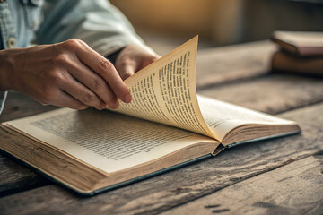 Student Life, A person"s hand turns the page of an open book on a rustic wooden table, capturing a moment of reading and exploration.