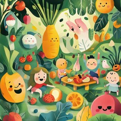Children enjoy a picnic surrounded by smiling fruits and vegetables