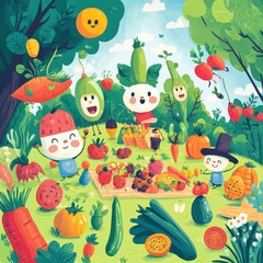 Cartoon vegetables and fruits having a picnic in a forest