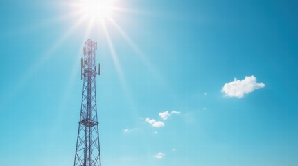 A tall cell tower close-up against a bright blue sky