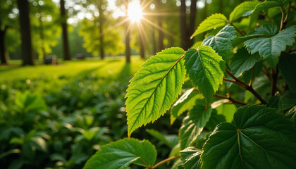 Obraz premium Green leaves in sunlight with shimmering background