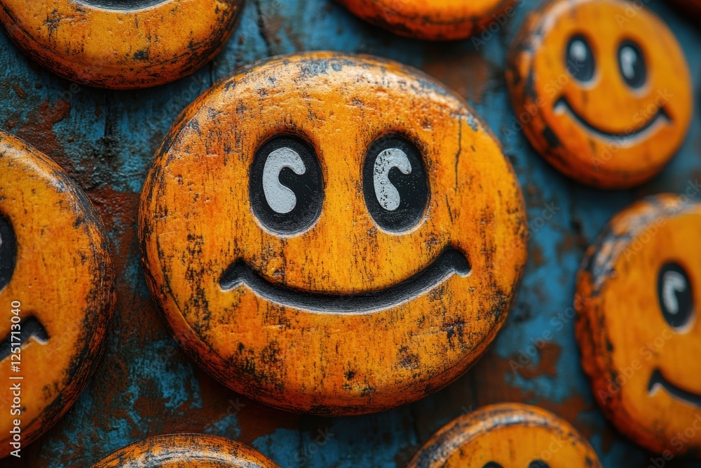 Poster a close-up of multiple textured orange smiley face buttons on a blue background.