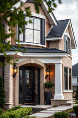 Luxury Home Exterior: Modern Brick House with Elegant Entrance and Landscaping