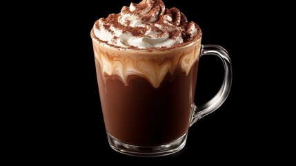 A decadent mocha coffee with a smooth blend of chocolate and espresso, topped with whipped cream and cocoa powder, served in a clear glass mug