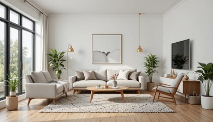 Fototapeta premium Modern living room, sunlight, plants, TV, design