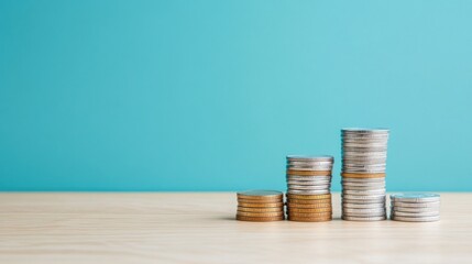 Stacked Coins on Wooden Surface with Colorful Background Representing Financial Growth and Investment Strategy