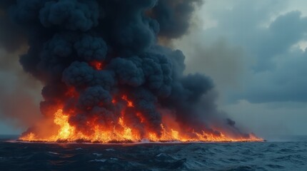 Thick black smoke rising from a fire on ocean waters, portraying environmental disaster