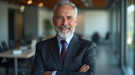 Fototapeta premium Portrait of a confident businessman with a gray beard in a suit, arms crossed, standing in an office environment