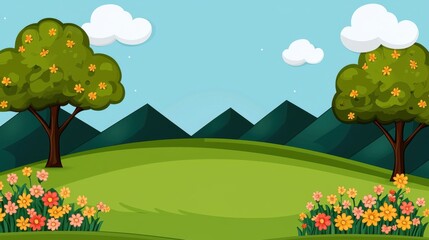 Fototapeta premium Vibrant spring landscape rolling hills graphic illustration lush greenery bright flowers serene environment cartoon style for nature lovers