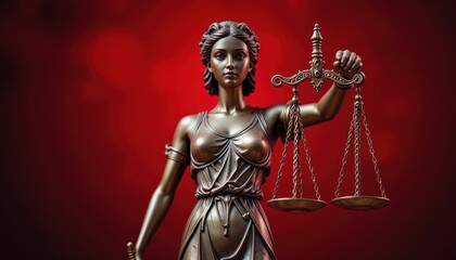 Bronze Lady Justice Statue with Scales of Justice on Red Background
