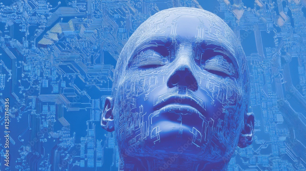 Poster a human face with ai text on a blue background made from a digital circuit for a web banner.