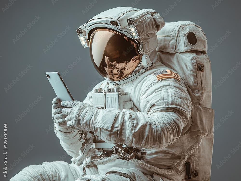Poster astronaut using a smartphone in a space suit, blending technology and exploration.