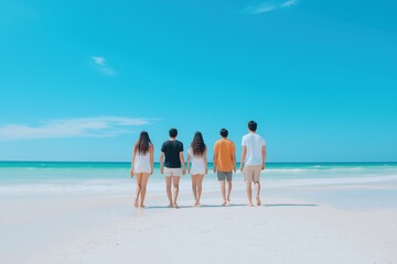 A group of people are walking on a beach, enjoying the beautiful blue sky and the ocean. Scene is...