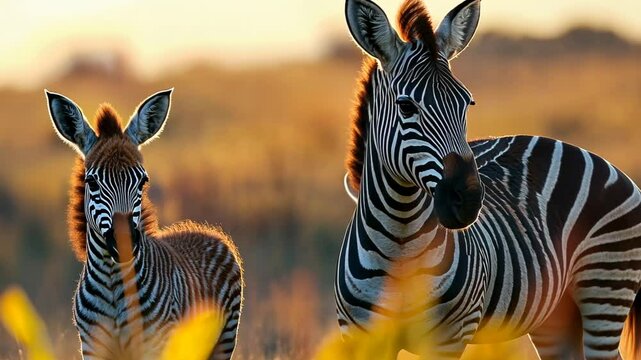 A mother zebra and her foal standing in a golden grassland at sunset