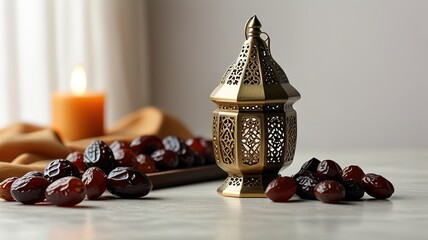 Muslim lamp, dates and prayer beads on table background.