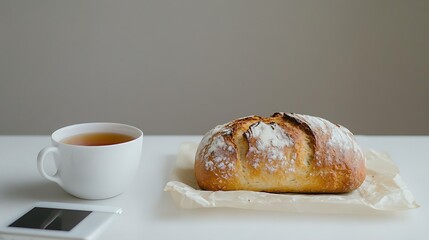 A loaf of sourdough bread and a cup of tea