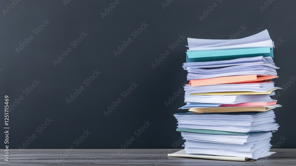 Poster stack of unorganized papers on a wooden desk against a dark background representing office clutter a