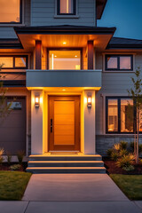 Fototapeta premium Modern Home Exterior at Night: Luxury Real Estate Property with Contemporary Design and Landscaping