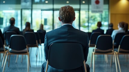 Fototapeta premium A man in a business suit, seated alone in an office setting, waiting for a meeting to begin.