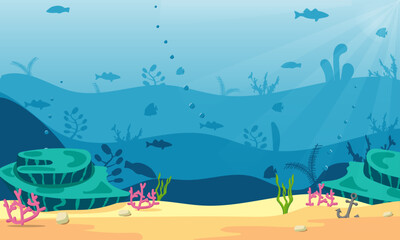 Colourful underwater background landscape, silhouette layers of fish and reef, deep blue ocean or sea marine scene with copy space © Richard O'Donoghue