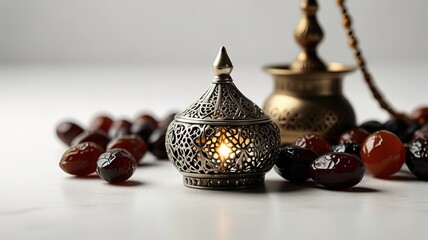Muslim lamp, dates and prayer beads on table background.
