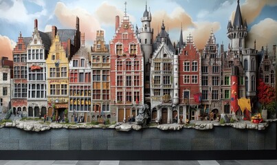 Obraz premium Belgian city model, canal, detailed architecture, tourism, travel display