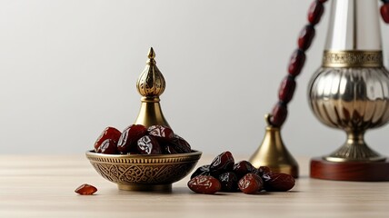 Muslim lamp, dates and prayer beads on table background.