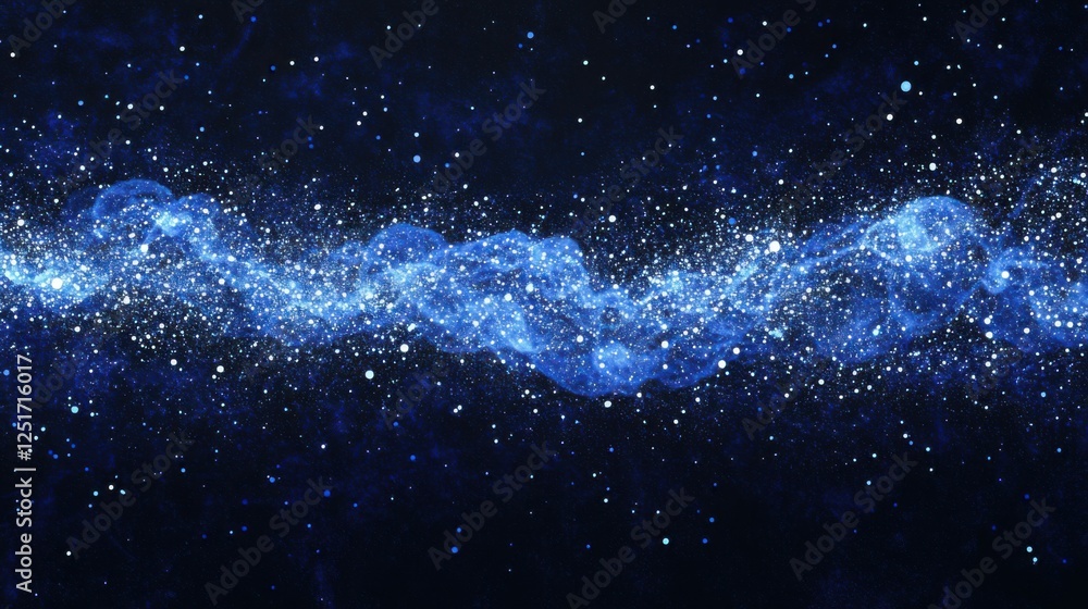 Poster a blue line with many small dots and stars. the dots and stars are scattered throughout the line, cr